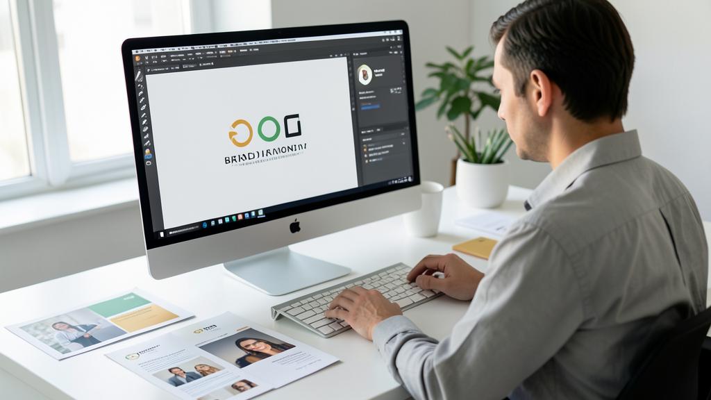 Un homme crée un logo sur un ordinateur, avec des cartes de visite et des brochures sur le bureau.
