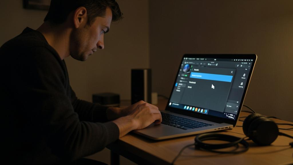 A man is using a laptop with audio settings open, with headphones beside him.