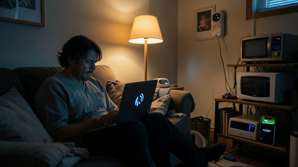 Ein Mann sitzt auf einem Sofa in einem schwach beleuchteten Raum, nutzt einen Laptop und ist von elektronischen Geräten umgeben.