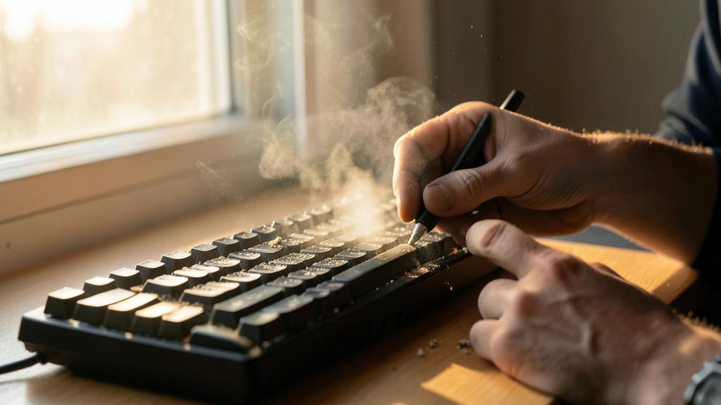 Une personne utilise un stylo pour nettoyer un clavier poussiéreux, avec de la poussière qui s'envole.