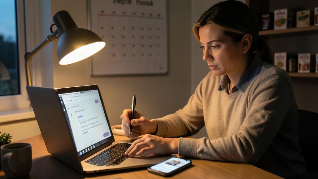 Eine Frau arbeitet an einem Laptop in einem gut beleuchteten Arbeitsbereich, hält einen Stift und hat ein Smartphone in der Nähe.