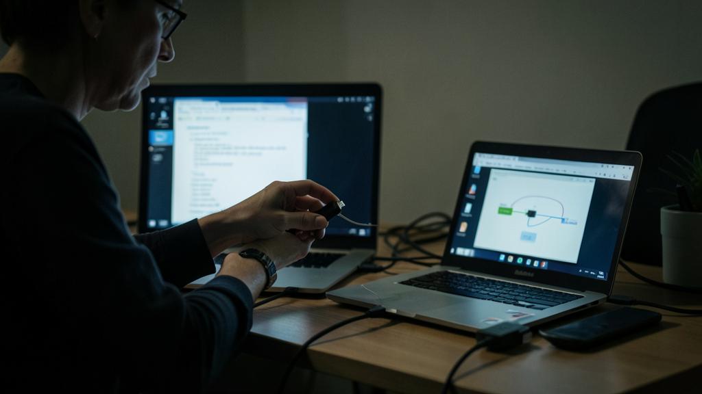 Une personne utilise un ordinateur portable avec un schéma à l'écran tout en tenant un périphérique USB, un autre ordinateur affichant du code en arrière-plan.