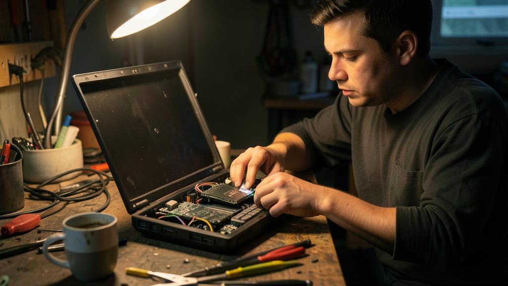A man is repairing a laptop by replacing a component under a desk lamp.