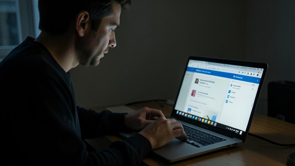 Ein Mann nutzt einen Laptop in einem dunklen Raum, wobei der Bildschirm eine Browser-Oberfläche anzeigt.
