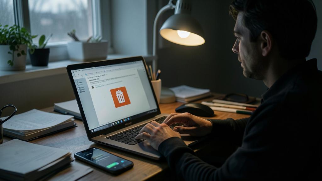 Un homme travaille sur un ordinateur affichant une page avec une icône de corbeille.
