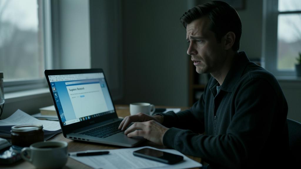 A man is using a laptop displaying a System Restore window.