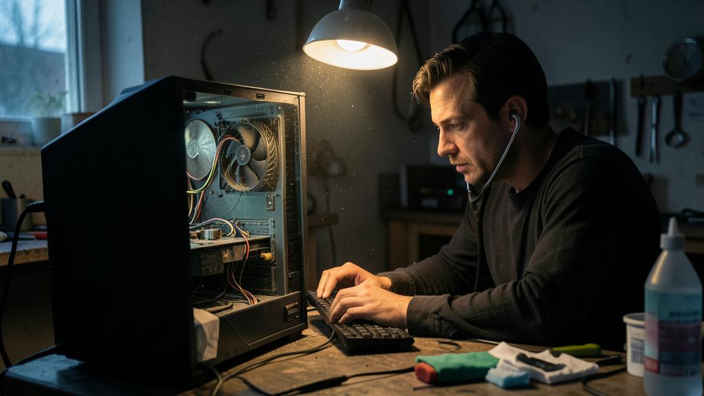 A man listens to a computer case with a stethoscope while typing on a keyboard.