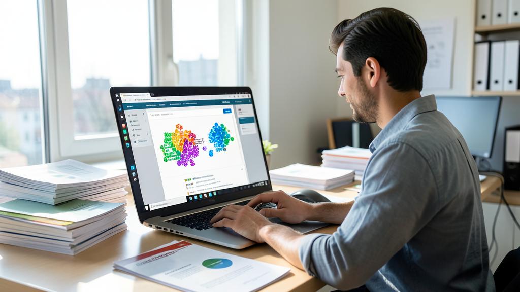 Un homme travaille à un bureau avec un ordinateur affichant une visualisation de données.