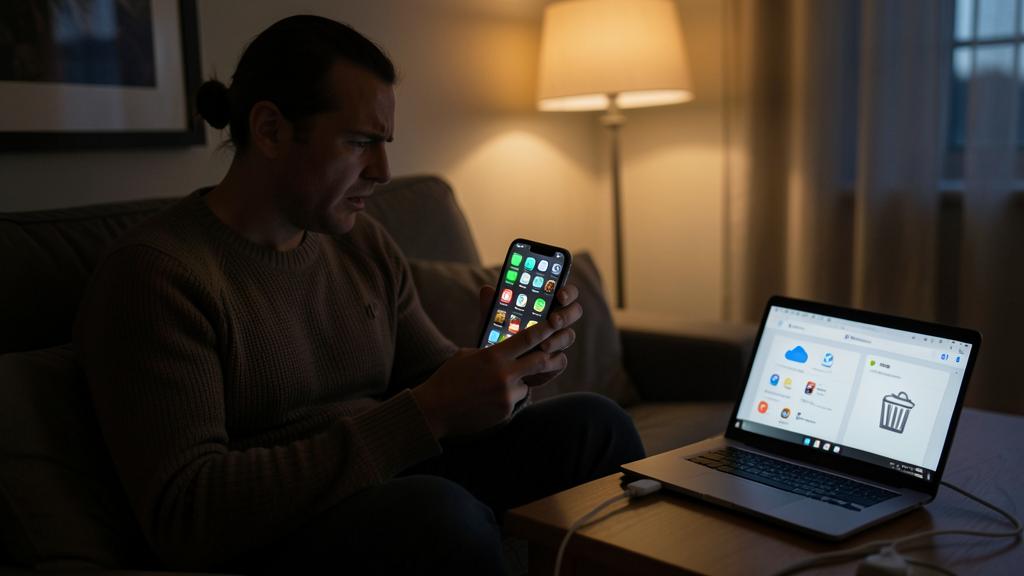Ein frustrierter Mann hält ein überladenes Smartphone, daneben ein Laptop mit Cloud-Speicher.