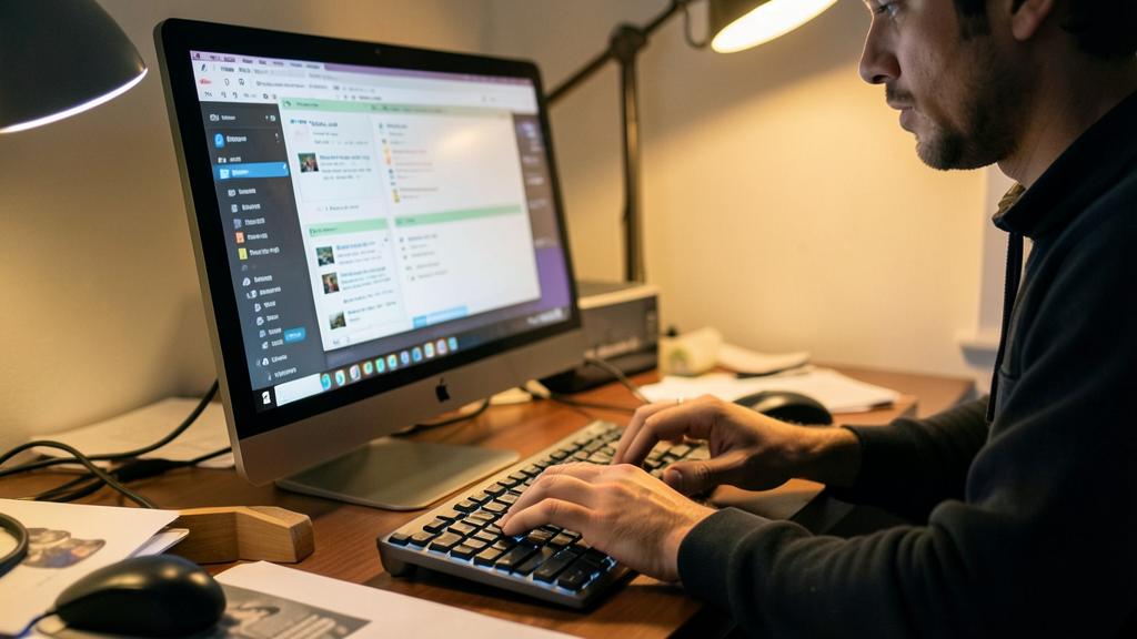 Un homme tape sur un clavier noir devant un Mac affichant une interface logicielle, éclairé par une lampe de bureau.