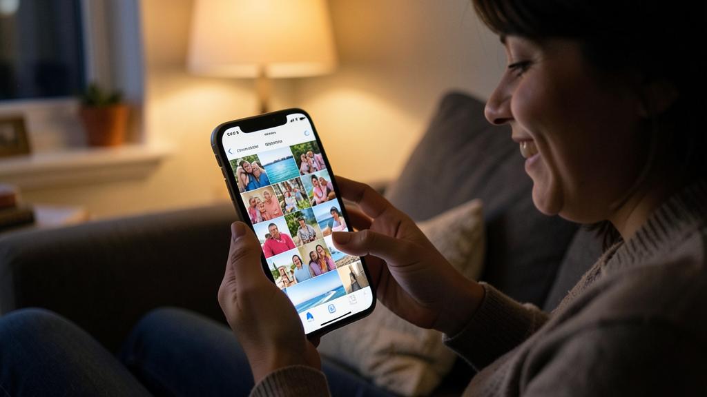 Eine Frau lächelt, während sie ihr iPhone mit einer Galerie von Familien- und Reisefotos betrachtet.