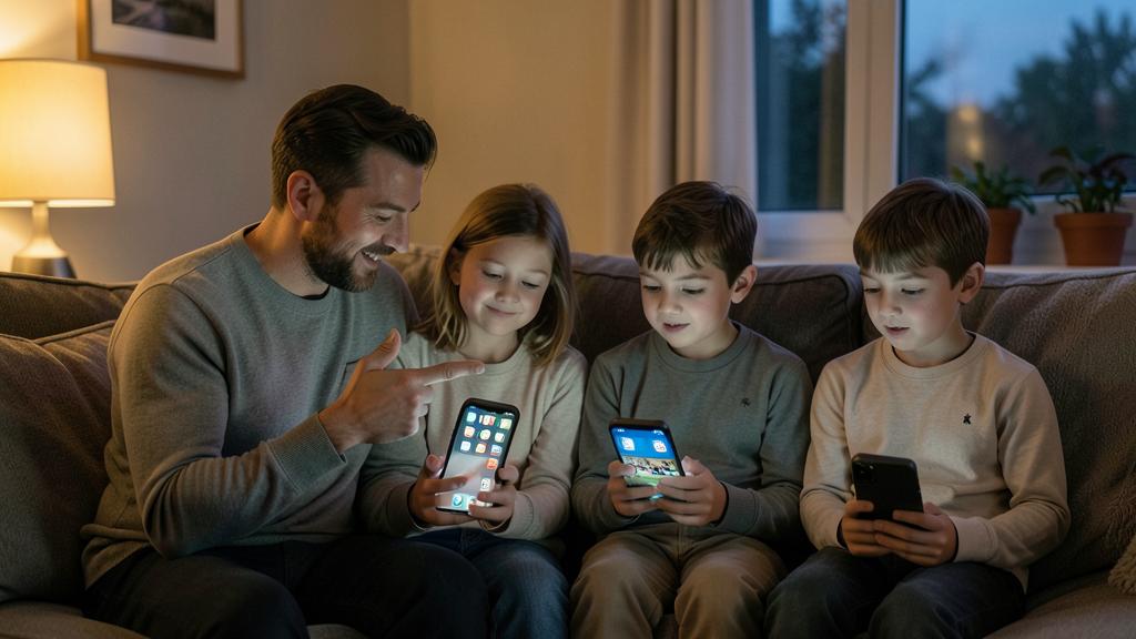 Un homme et trois enfants regardent des smartphones, l'homme pointant un écran.