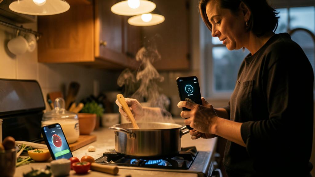 Eine Frau kocht und steuert mit einem Smartphone ein intelligentes Gerät, während auf einem anderen Handy eine Koch-App läuft.