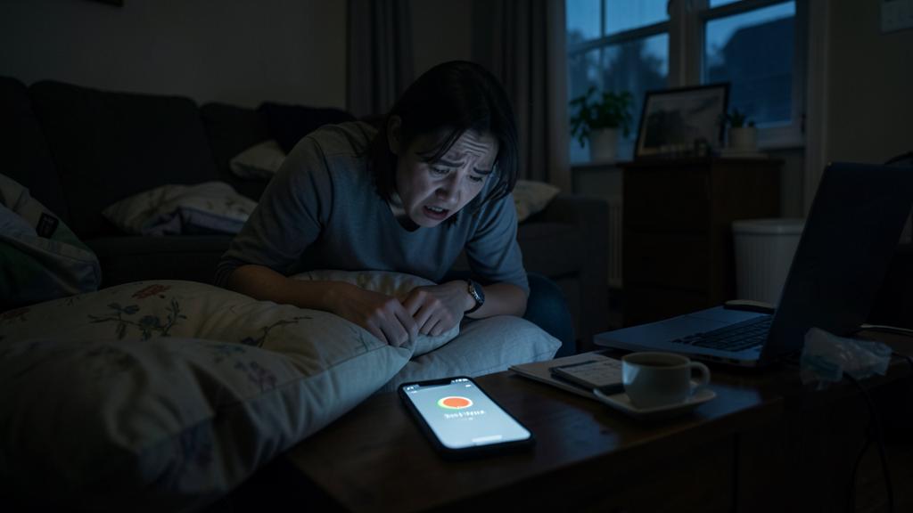 Eine Frau liegt auf einer Couch und schaut auf ihr Smartphone, das einen Sperrbildschirm anzeigt, mit einem Laptop und einer Kaffeetasse in der Nähe.