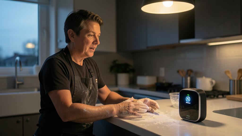 Eine Frau in einer Schürze knetet Teig in der Küche und schaut auf einen Smart Speaker.