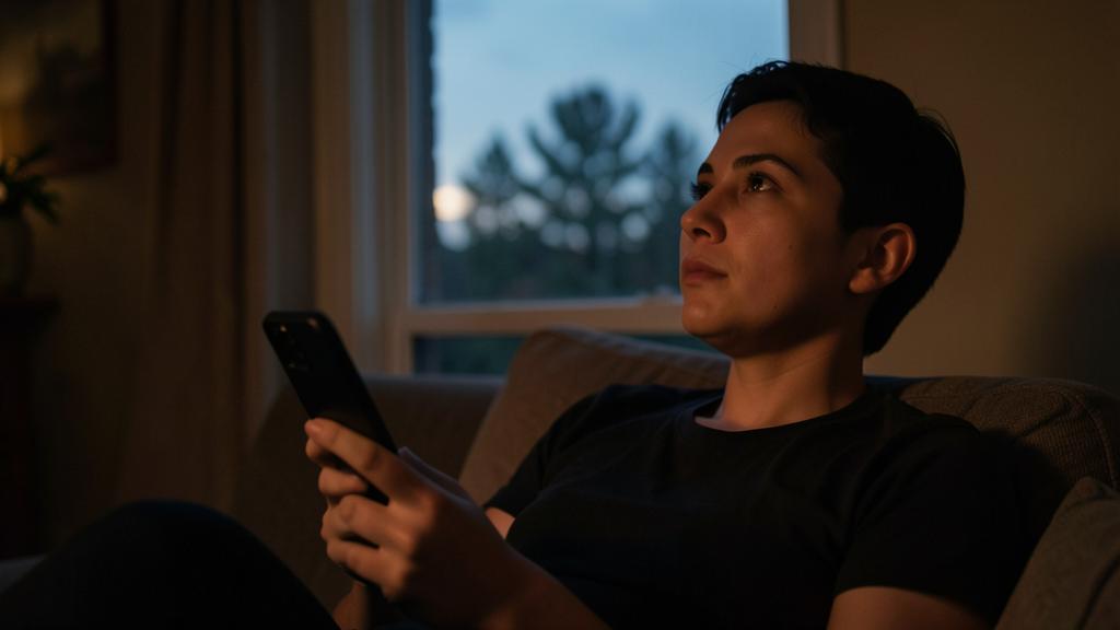 Eine Person schaut auf ein Smartphone in einem schwach beleuchteten Raum, das Display erhellt ihr Gesicht.