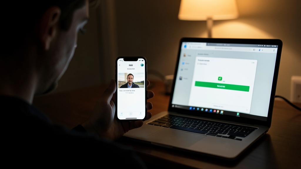 Una persona usa un smartphone para enviar un archivo por AirDrop a una computadora portátil.