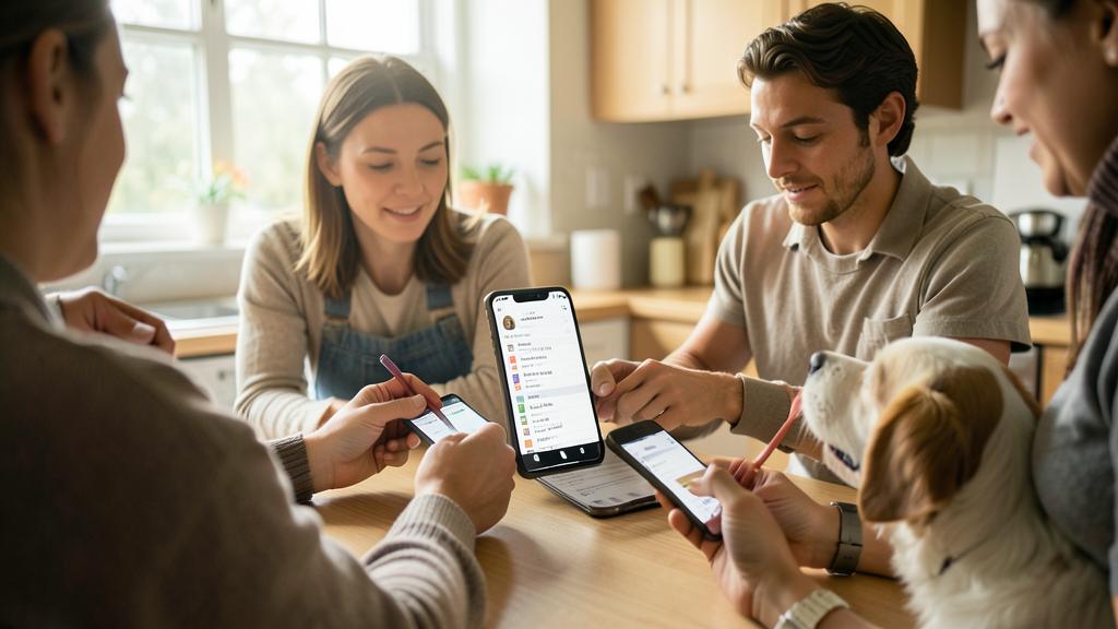 A group of people using smartphones around a table, with an iPad displaying a note.