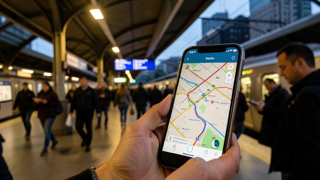 Eine Person hält ein Smartphone mit der Apple Maps-App und einer Route, in einem belebten Bahnhof.