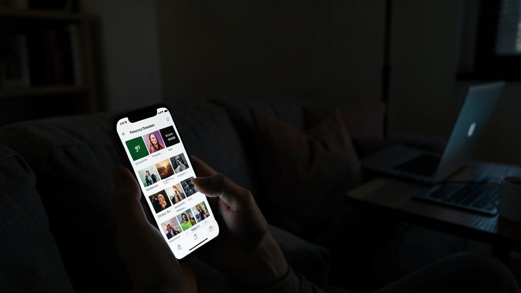 Une personne tient un iPhone affichant une application de photos avec plusieurs vignettes.