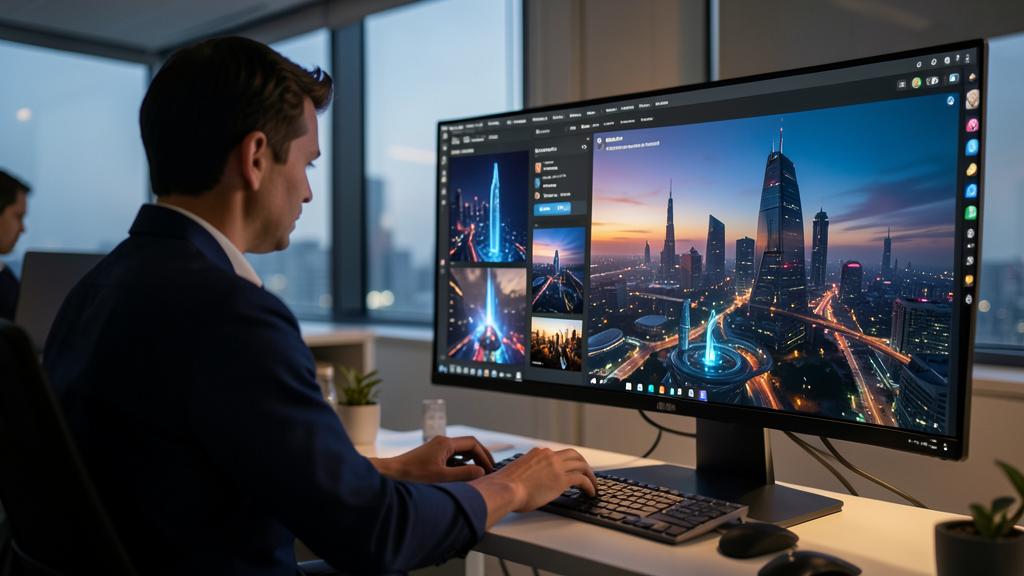 A man in a suit is using a computer displaying a futuristic video editing interface.
