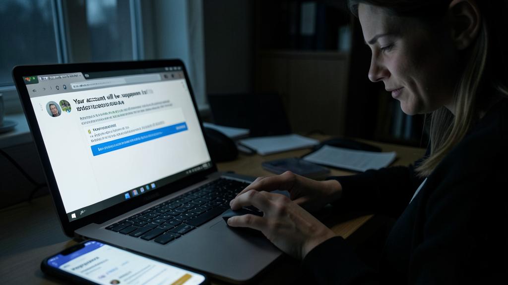 Une femme utilise un ordinateur portable dans une pièce faiblement éclairée, avec un avertissement d'email de phishing à l'écran.