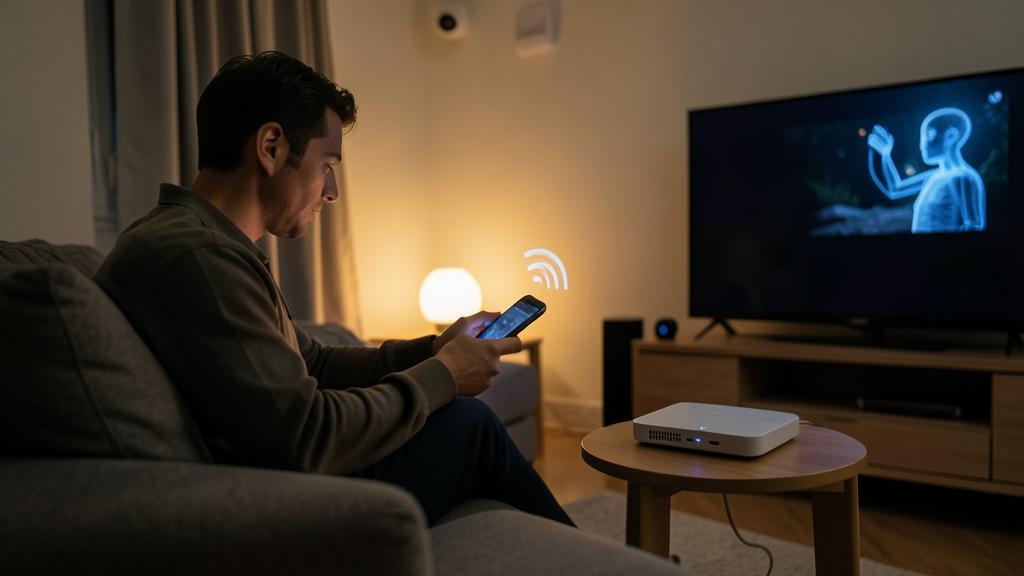 Un homme utilise un smartphone pour contrôler une télévision connectée dans un salon faiblement éclairé.
