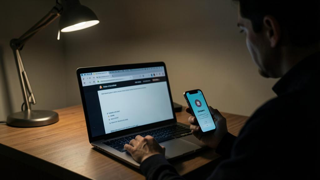 Eine Person nutzt einen Laptop und ein Smartphone, um eine Online-Zahlung durchzuführen.