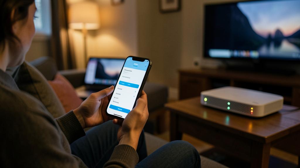 Una persona usa un smartphone para configurar un router Wi-Fi, con una televisión y una computadora portátil de fondo.