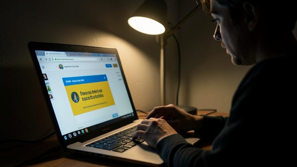A person uses a laptop in a dimly lit room, with a web browser displayed on the screen.