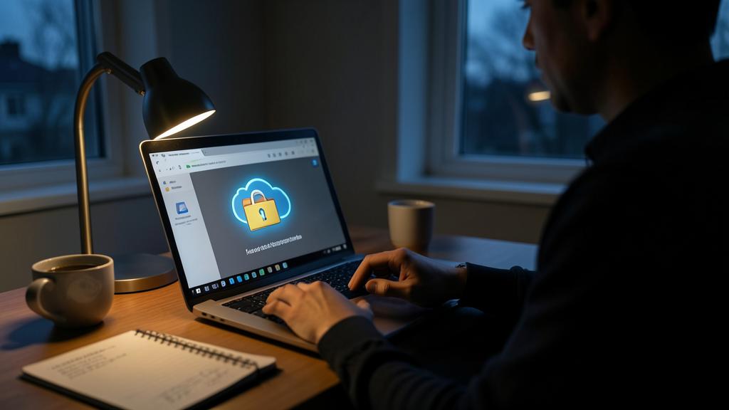 Une personne utilise un ordinateur portable affichant une interface de stockage cloud avec un symbole de verrou.