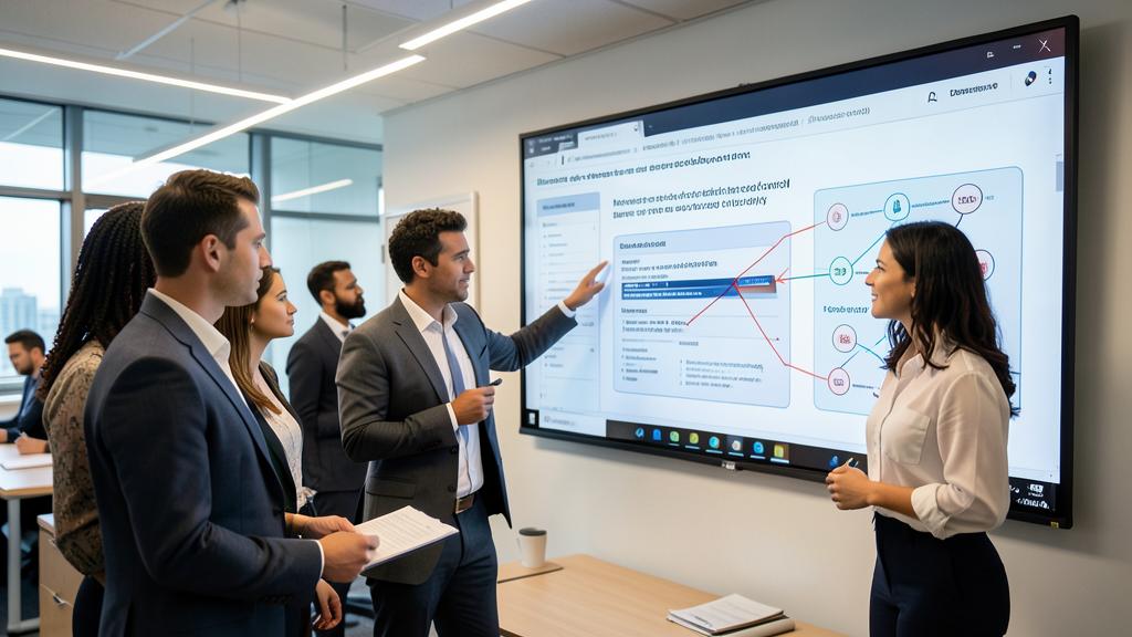 Une réunion professionnelle dans un bureau moderne où un homme en costume pointe un écran affichant un diagramme.