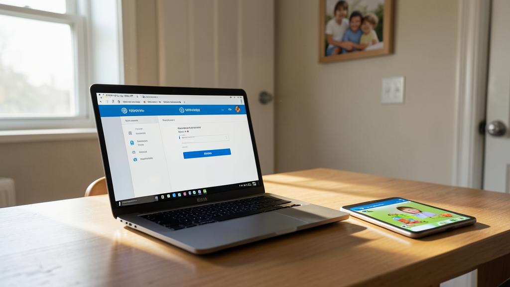 A laptop and a tablet on a wooden table display secure interfaces.