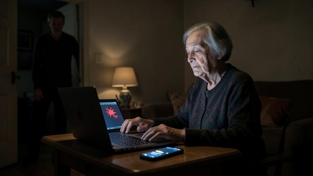 An elderly person uses a laptop displaying a security alert, while another person watches.
