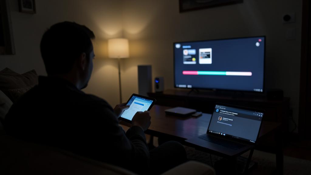 Une personne utilise un ordinateur et une tablette dans une pièce faiblement éclairée, avec une télévision affichant une mise à jour logicielle en arrière-plan.