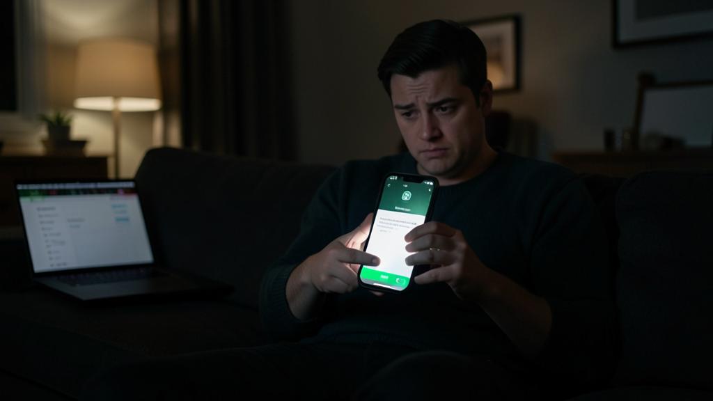Un homme assis sur un canapé regarde son smartphone affichant une demande d'autorisation d'application.