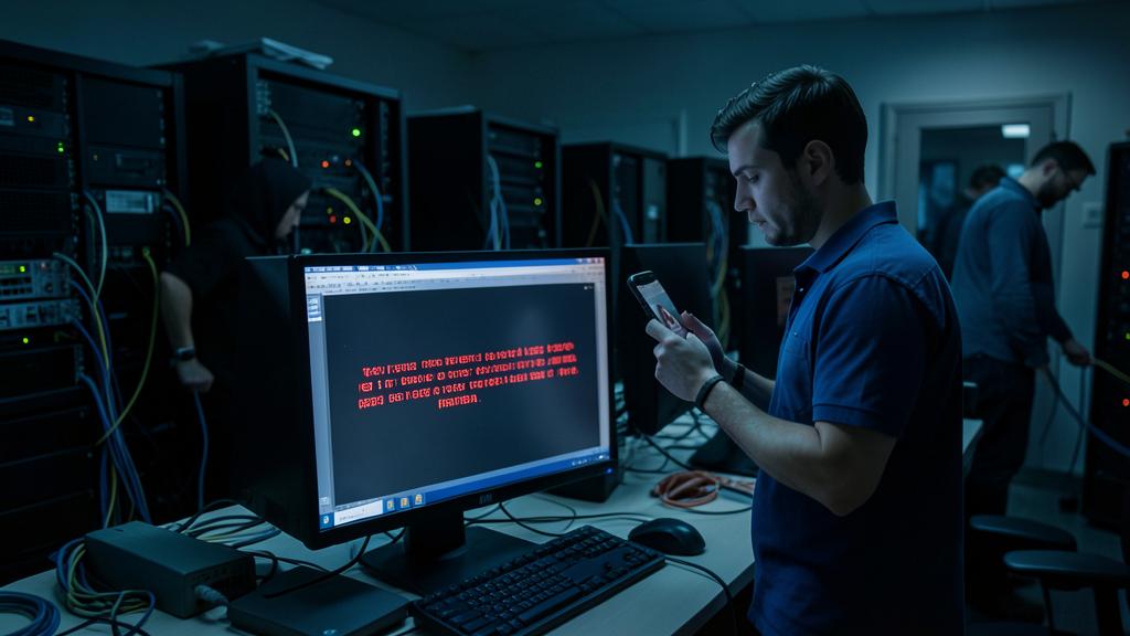 Ein Mann in einem Serverraum schaut auf sein Handy, während ein Bildschirm eine Ransomware-Nachricht anzeigt.