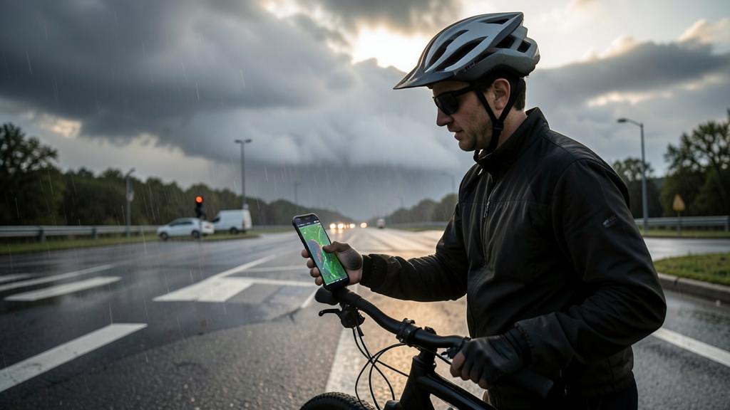 Ein Radfahrer schaut auf eine Wetter-App auf dem Smartphone im Regen.
