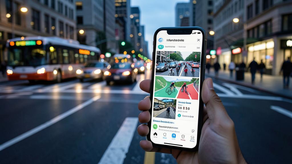 A hand holds a smartphone displaying a transportation app with cycling routes and transit information, set against a city street with buses and cars.