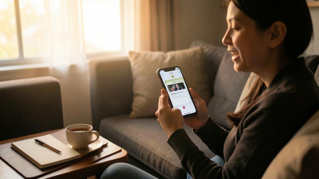 Une femme sourit en utilisant une application d'apprentissage de langues sur son smartphone.