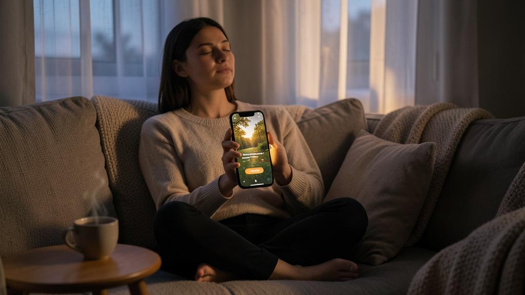 Una mujer sentada en un sofá usa una app de meditación con una escena natural en la pantalla.
