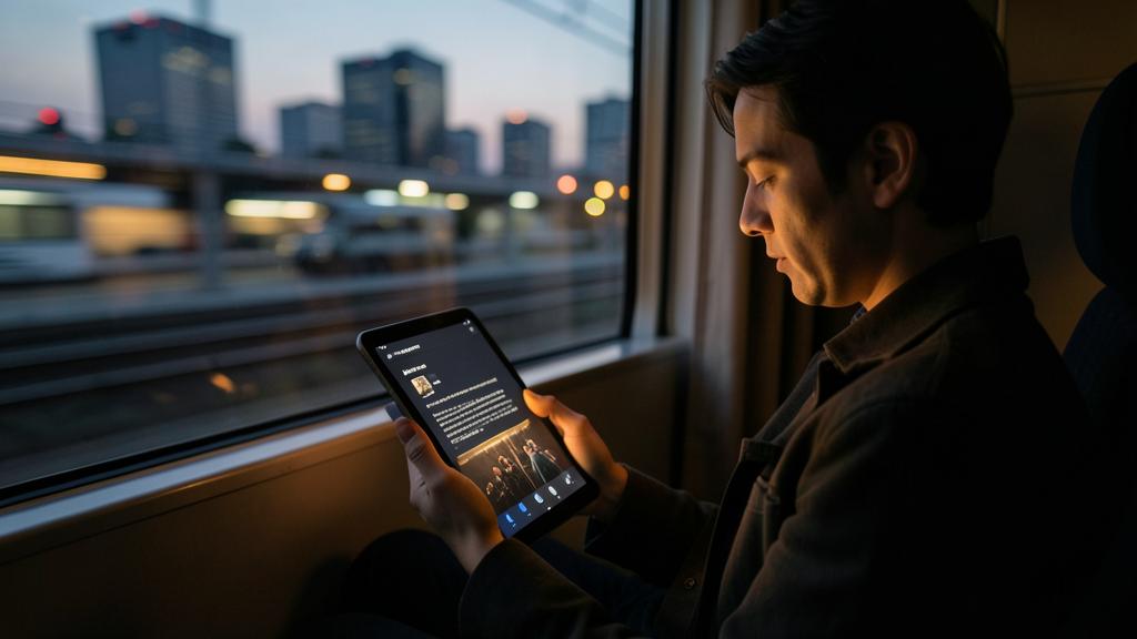 Un homme lit un livre numérique sur une tablette dans un train.