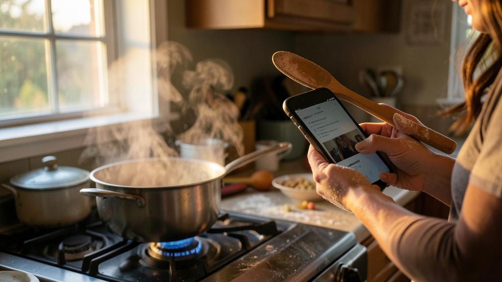 Une personne cuisine en suivant une recette sur son smartphone tout en remuant avec une cuillère en bois.