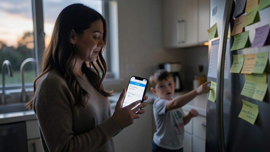 Une femme utilise un smartphone tandis qu'un enfant colle un post-it sur un frigo rempli de notes.