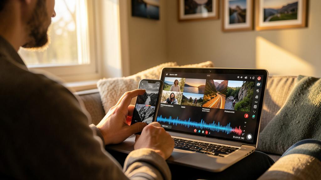 Ein Mann bearbeitet ein Video mit einem Smartphone und einem Laptop.