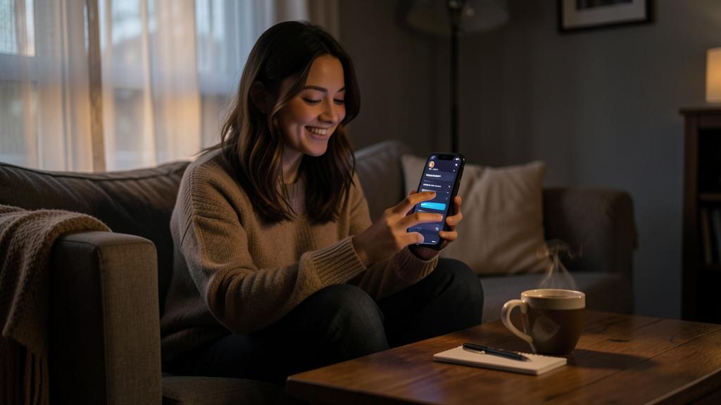 Une femme sourit en regardant une application de podcasts sur son smartphone.