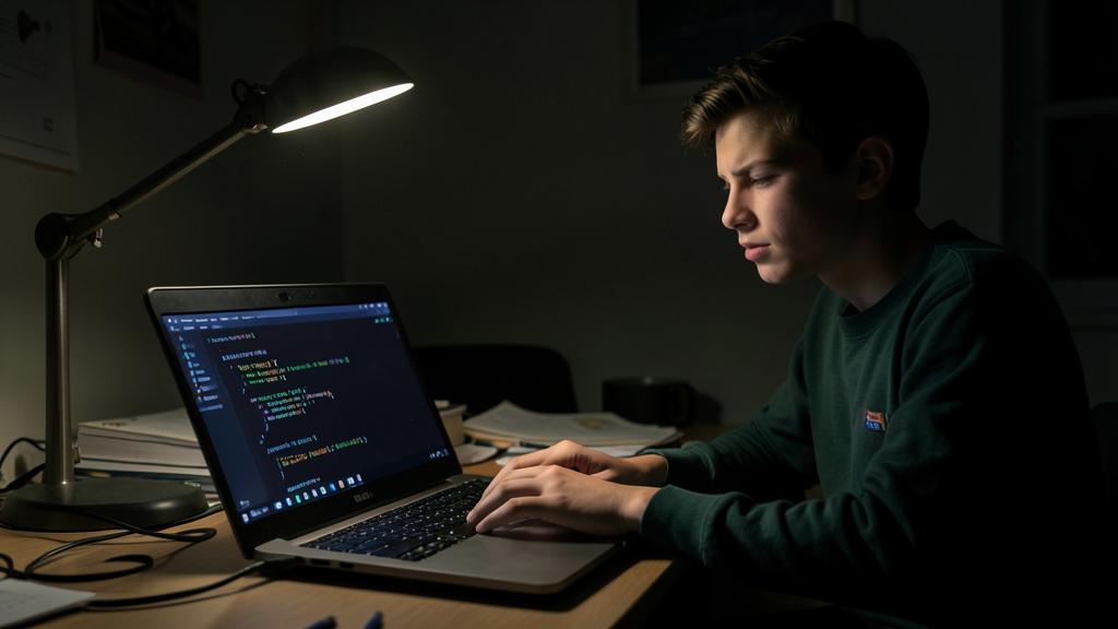 Una persona está programando en una computadora portátil iluminada por una lámpara de escritorio en una habitación tenue.