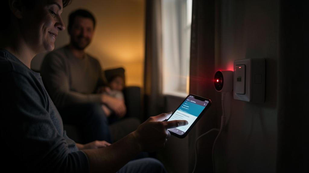 Eine Frau bedient mit ihrem Smartphone ein intelligentes Haushaltsgerät, während eine rote Lampe dessen Aktivität anzeigt. Ein Mann und ein Kind sind im Hintergrund unscharf.