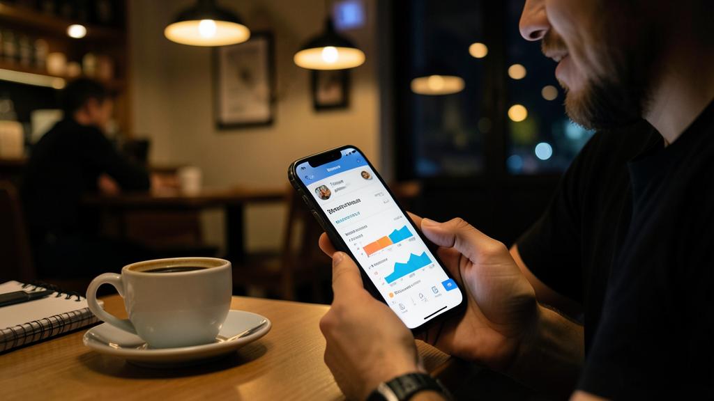 Ein Mann prüft eine Budget-App in einem Café.