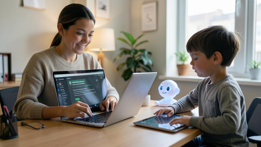 Une femme et un jeune garçon utilisent un ordinateur et une tablette, avec un petit robot blanc entre eux.